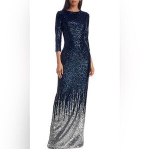 Teri Jon By Rickie Freeman Sequin-Embellished Knit Gown Formal Blue Size 4
